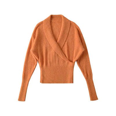 交叉V领宽松收腰显瘦针织衫毛衣