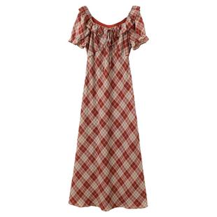 ibudu2025夏季新款复古格纹雪纺连衣裙方领泡泡袖长裙女