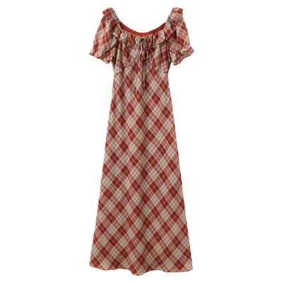 ibudu2025夏季新款复古格纹雪纺连衣裙方领泡泡袖长裙女