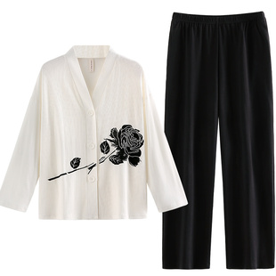 华夫格睡衣女春秋款纯棉长袖日式开衫黑白色家居服可外穿时尚套装