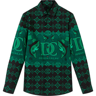 BM男士2022新款潮撞色复古印花衬衫男高级感痞帅黑绿休闲长袖衬衣