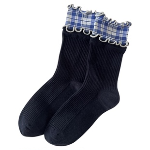 袜子女中筒miu系蓝格子日系花边双罗口jk风搭小皮鞋学院风堆堆袜