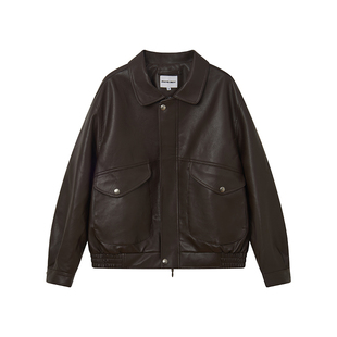 物理少年「暮辰诗章」复古水洗棕色翻领廓形微落肩PU皮夹克外套