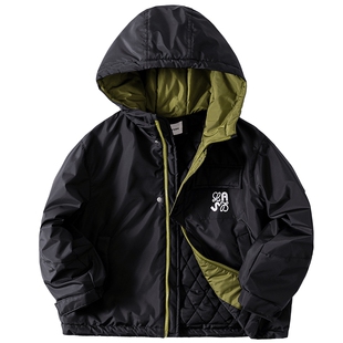 男童冬装潮酷黑色免洗冲锋衣棉服2025新款儿童装撞色防水加厚外套