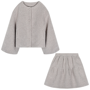 今屿花花独特漂亮冬装一整套灰色新款两件套宽松套装裙毛呢半身裙