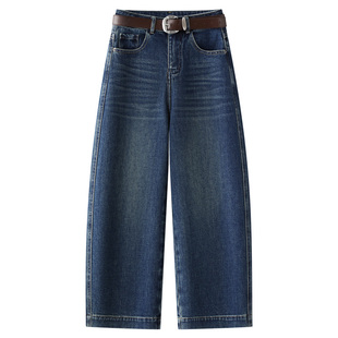 时尚八分牛仔裤窄版阔腿裤女春秋2026新款小个子宽松休闲直筒裤子