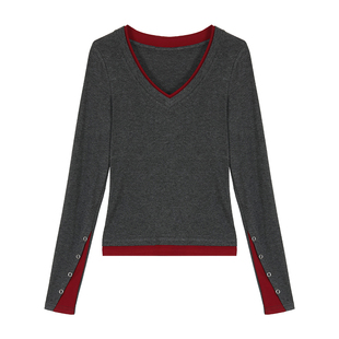 MULVAN 时光交叠 假两件撞色V领针织衫女高级感修身显瘦打底上衣