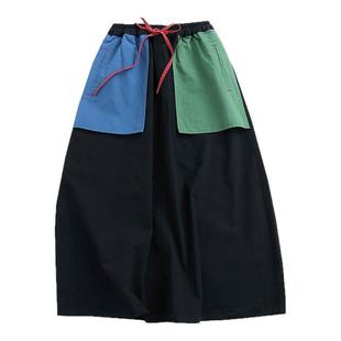 日系文艺复古裙子2025春夏新款纯棉撞色大口袋宽松显瘦a字半身裙