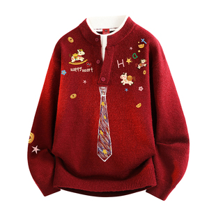 查尔斯桃心涂鸦领带假两件针织衫男马年2026冬季新款红色慵懒毛衣