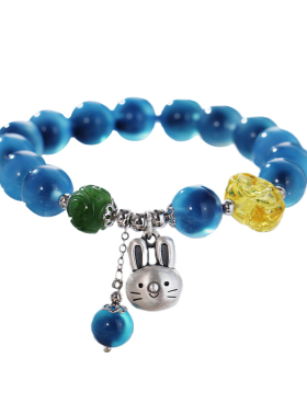 天然蓝糖心手链足银拉耳兔蜜蜡