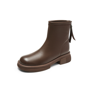 15mins马丁靴短靴女2026新款秋冬加绒平底软底后拉链棕色瘦瘦靴子