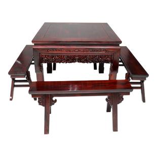 红木八仙桌印尼黑酸枝正方形餐桌阔叶黄檀雕花中堂八仙桌长凳组合