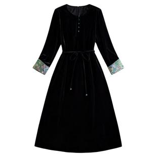 水墨佳人非遗宋锦提花拼接长袖中长款裙桑蚕丝修身真丝丝绒连衣裙