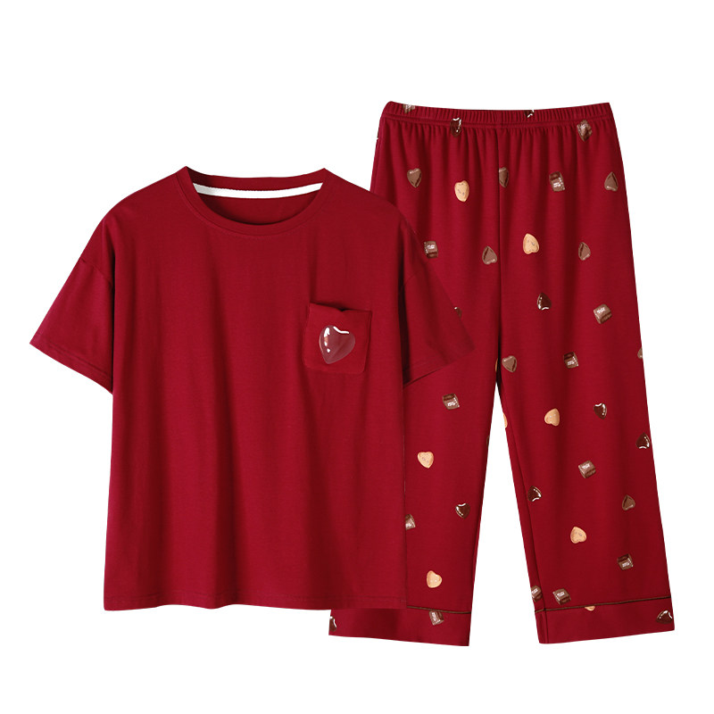 睡衣女款带胸垫夏季七分裤纯棉薄款短袖大码本名年红色家居服套装