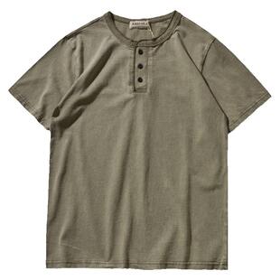 重磅纯棉T恤男装夏季美式复古男士280克高克重亨利领扣领短袖T恤