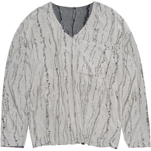 STILLYOU复古废土风个性毛边剪裁V领长袖T恤女慵懒不规则破洞罩衫