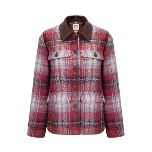 Bettychow 波尔多酒红羊毛格子薄棉服时髦复古红色格纹防风大衣