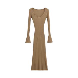 欧美长袖针织连衣裙女开春修身显瘦打底紧身性感鱼尾毛衣包臀长裙