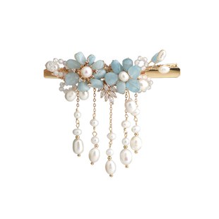 陌上芊珍珠流苏精致发夹海蓝宝小众高级感气质发饰