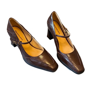 真皮7cm粗跟复古浅口玛丽珍鞋2026春季法式一字带方头高跟单鞋女