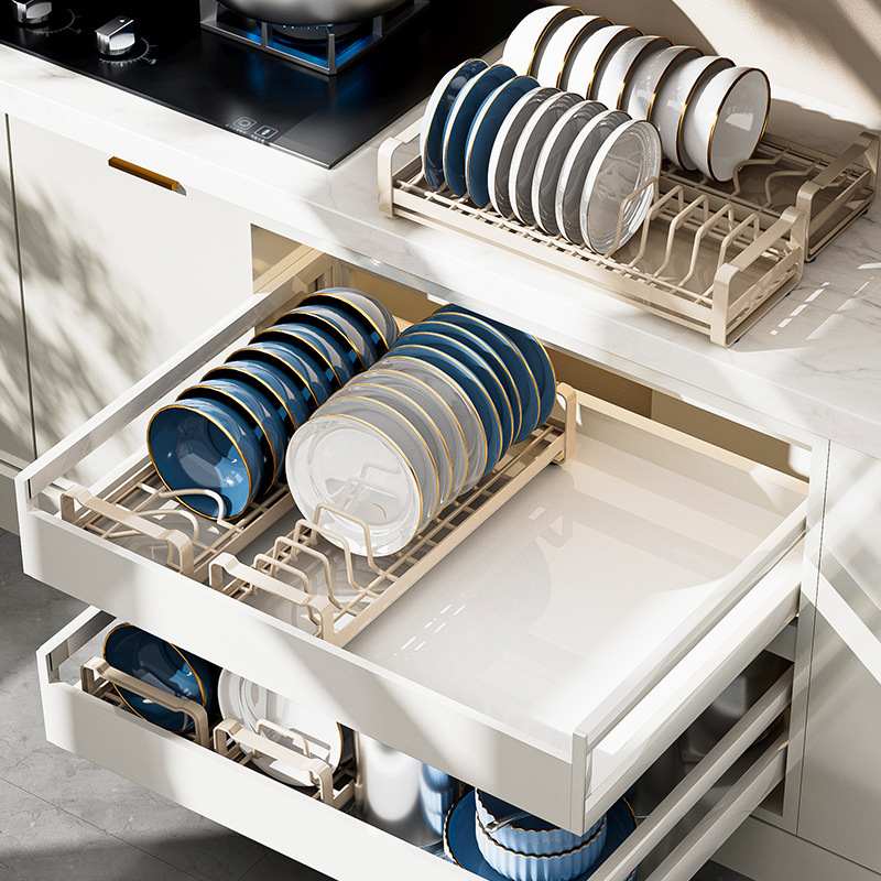 不锈钢碗碟收纳架厨房置物架抽屉内置放盘子沥水碗架柜内分隔拉篮