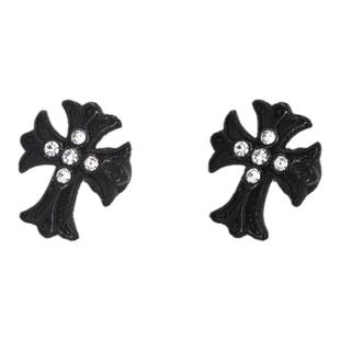 Shinma 钛钢克罗十字架镶钻黑白 个性哥特复古风粗杆耳钉耳饰