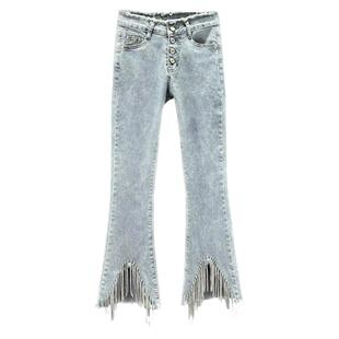 流苏牛仔裤女潮2024年新款春夏季高腰修身显瘦欧货镶钻九分微喇裤