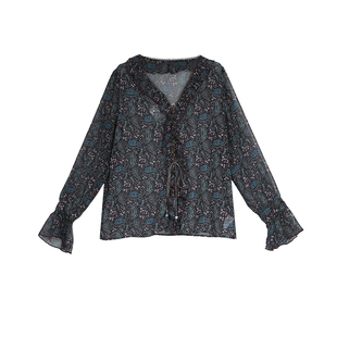 梵凯雪纺衫2026春复古碎花长袖V领荷叶边绑绳薄款雪纺衫上衣女