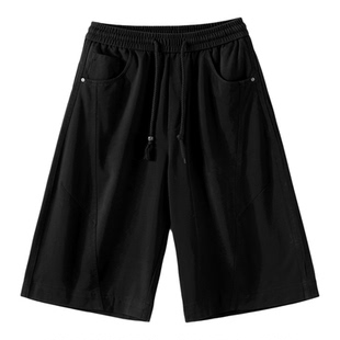 JIEYI 莫代尔棉混纺A字版型抽绳短裤宽松阔腿outfit拼接六分裤男