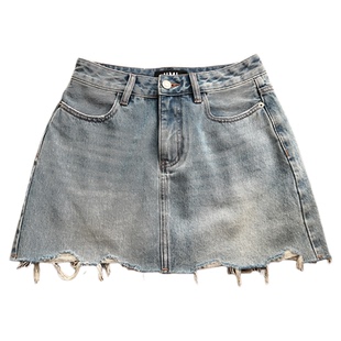 UMI 水洗做旧毛边牛仔裙裤裙女高腰显瘦百搭休闲A字裙2025年夏季
