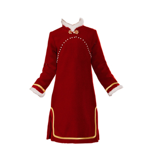 女童旗袍2025新款冬季过年新中式喜庆高端国风礼服儿童拜年服红色
