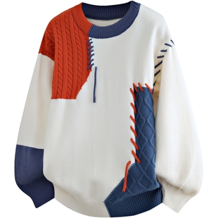 班尼路SK美式复古拼接圆领毛衣男春季保暖针织衫春季潮牌上衣男YS