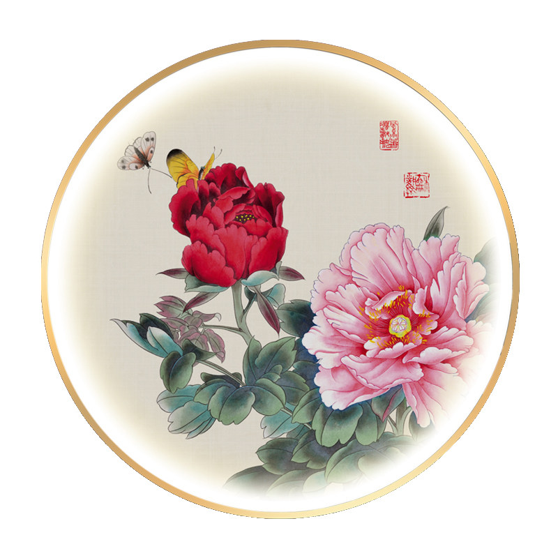 圆形牡丹玄关装饰画中式客厅走廊过道带灯发光壁画沙发背景墙挂画