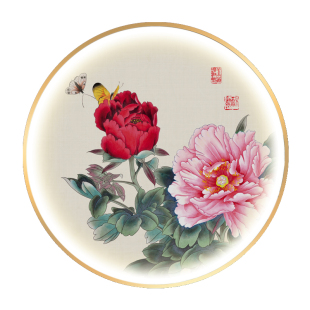圆形牡丹玄关装饰画中式客厅走廊过道带灯发光壁画沙发背景墙挂画