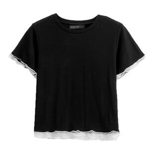 QUEENSHOP 2026春夏新品女装素面木耳边配色网纱剪接上衣01099709
