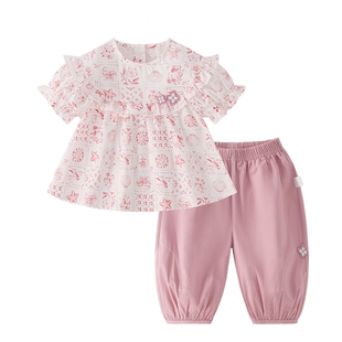 [100%棉]女童夏套装宝宝纯棉娃娃衫小童法式两件套夏季儿童衣服女