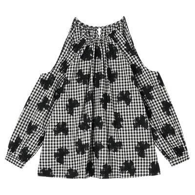 利达NEW DADADA洋气减龄格子衬衫女长袖刺绣蝴蝶结露肩别致上衣