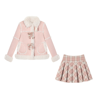 甜美风粉色加绒麂皮毛呢外套