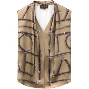 COCOBELLA缎面印花无袖V领衬衫知性优雅通勤无领衬衣上衣SR3102-4