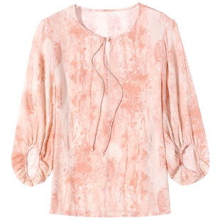 粉色双绉真丝衬衫女中袖春夏新款小衫宽松大码印花100%桑蚕丝上衣