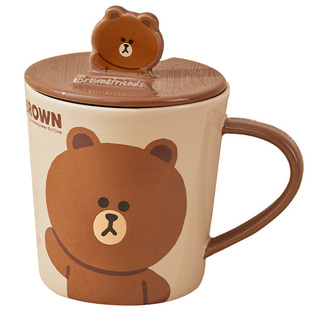 LINE FRIENDS布朗熊带盖陶瓷马克杯水杯家用早餐牛奶杯子赠搅拌勺