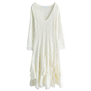 云分子原创春秋冬季V领长袖蕾丝显瘦超重工螺旋下摆气质连衣裙