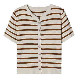 黑白条纹女士短袖t恤夏季 洋气冰丝针织衫百搭高腰小个子短款上衣