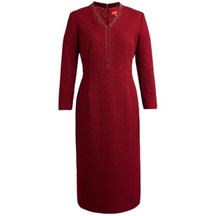 商场同款皮尔卡丹女装连衣裙秋冬醋酸V领提花通勤场合直筒裙