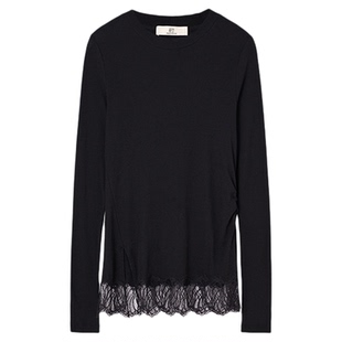 【多元蕾丝】HPLY荷比俪2026春新款棉蕾丝拼接圆领修身款长袖T恤