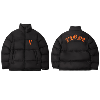 VLONE哥特刺绣立领长袖字母无帽立领拉链宽松羽绒服情侣款黑橙