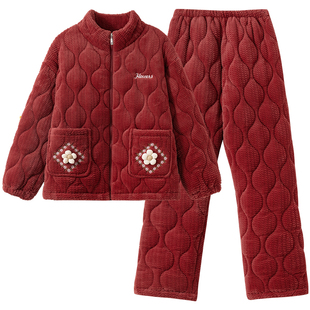 珊瑚绒夹棉睡衣女士秋冬季三层棉袄加厚保暖拉链红色家居服可外穿