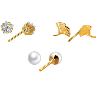 老银匠s925纯银珍珠耳钉银杏叶送女友送闺蜜气质养耳洞银耳饰套装