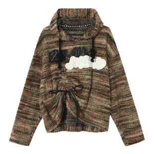 BAK原创春夏新款oversize连帽毛衣女街头慵懒风字母上衣针织外套