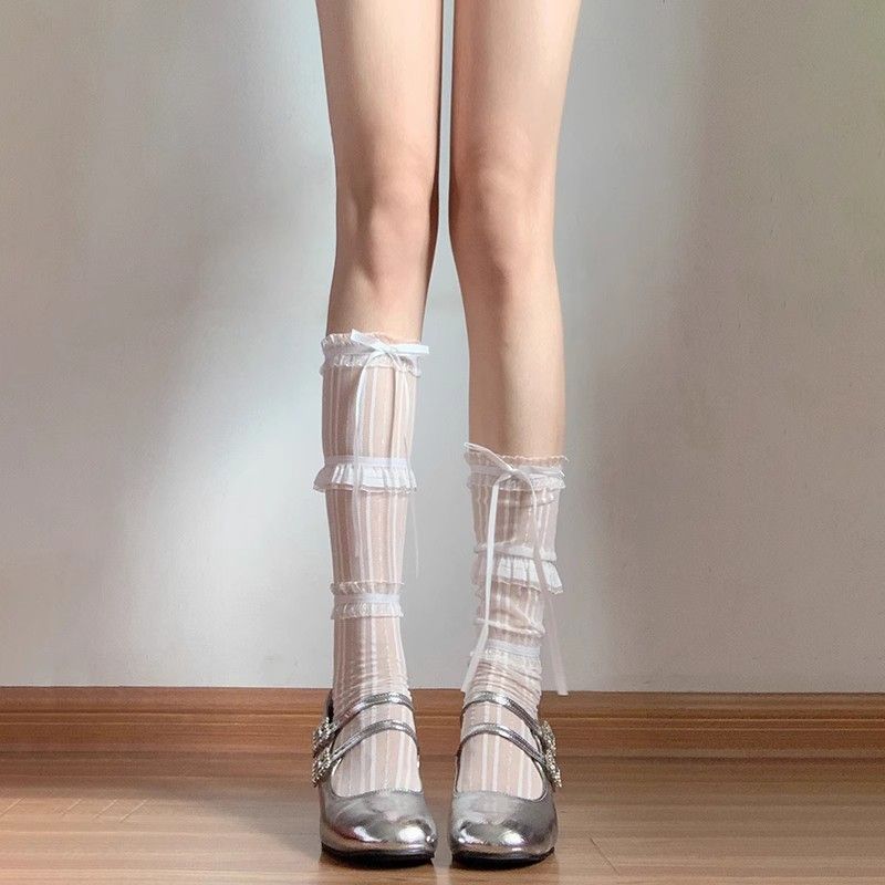 玛丽珍袜子女中筒夏季芭蕾风丝带蝴蝶结泡泡袜花边白色蕾丝小腿袜